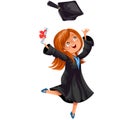 Happy smiling girl in gown with diploma throwing cap vector illustration. Royalty Free Stock Photo