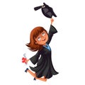 Happy smiling girl in gown with diploma throwing cap vector illustration. Royalty Free Stock Photo