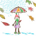 Happy smiling girl with multicolor umbrella. Autumn rain and falling leaves. Royalty Free Stock Photo