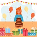 Happy smiling girl with party flags, air balloons, gift boxes and big birthday cake. Vector young woman in cartoon style Royalty Free Stock Photo