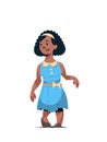Happy smiling girl standing pose little african american child in blue dress female cartoon character full length flat