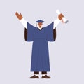 Happy smiling graduate student with diploma rolled paper in raised hand celebrating end of education Royalty Free Stock Photo
