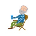 Happy smiling grandpa sitting on the chair and drinking, cartoon vector Illustration