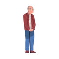 Happy Smiling Grey Haired Senior Man Character Standing Leaning on Cane Vector Illustration