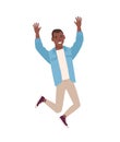 Happy smiling guy dressed in casual clothes jumping with raised hands. Young man rejoicing or celebrating. Male cartoon Royalty Free Stock Photo