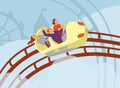 Happy smiling guys, girl ride roller coaster in amusement park, enjoy vacation Royalty Free Stock Photo