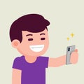 Happy smiling handsome cheerful young man taking selfie with smartphone, vector flat illustration