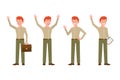 Happy, smiling, red hair office man in green pants vector illustration. Waving, saying hello, hands up, standing boy character