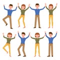 Happy, smiling, jumping young blue shirt man and yellow pants woman vector illustration. Hopping, hands up cartoon character Royalty Free Stock Photo