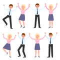 Happy, smiling, jumping young man and woman vector. Hopping, hands up, having fun glasses boy and blonde girl cartoon character Royalty Free Stock Photo