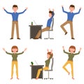 Happy, smiling, jumping young office man and woman vector illustration. Hopping, hands up, having fun boy and girl character