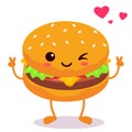 Happy smiling Kawaii cute burger. Vector flat cartoon character illustration icon design. Royalty Free Stock Photo