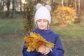 Happy smiling kid girl in a warm knitted cap collects bouquet of yellow leaves. Royalty Free Stock Photo