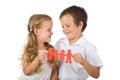 Happy smiling kids holding paper people - isolated Royalty Free Stock Photo