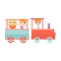 Happy smiling kids ride in amusement park colorful train Royalty Free Stock Photo