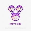 Happy smiling kids thin line icon: girl with tails and two boys. Modern vector illustration