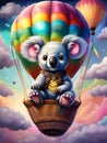 Koala Bear in a hot-air Balloon Flying in the Sky - puffy clouds all around