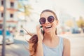 Happy smiling laughing girl talking on phone Royalty Free Stock Photo