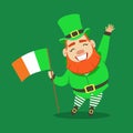 Happy Smiling Leprechaun holding Irish flag in his hand. Saint Patricks Day fairy tale colorful character