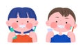 Happy smiling little boy and girl with dental braces holding Toothbrush. Hand drawn cute cartoon character portrait vector Royalty Free Stock Photo