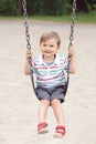 Happy smiling little boy toddler in tshirt and jeans shorts on swing on backyard playground outside
