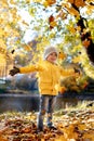 happy smiling little boy in yellow jacket throw leaves central park in Saint-petersburg, Russia on sunny october day Royalty Free Stock Photo