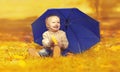 Happy smiling little child sitting on grass with umbrella playing with yellow leaves in autumn park