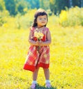 Happy smiling little girl child outdoors with bouquet of wildflowers walking in sunny summer park Royalty Free Stock Photo