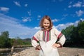 Happy smiling little girl in national Ukrainian folk costume Royalty Free Stock Photo