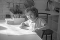 Happy smiling little kid boy at home making homework at the morning before the school starts. Royalty Free Stock Photo