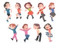 Happy Smiling Little Kids Set, Cute Preschooler Boys and Girls Wearing Casual Clothes Happily Jumping Cartoon Style