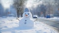 Happy, smiling little snowman on the side of the snowy street in the city on a cold, sunny winter day. Generative AI