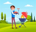 Happy smiling man with a barbecue tools grill sausages in outdoor landscape summer time