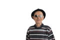 Happy smiling man in black hat and sunglasses, toothless senior looking at the camera isolated over white background Royalty Free Stock Photo