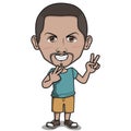 Happy Man Cartoon Character - Two-finger Hand Sign