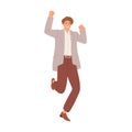 Happy smiling man jumping from joy and celebrating success in businesses. Lucky businessman enjoying his achievements Royalty Free Stock Photo