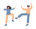 Happy smiling man and woman dancing, feeling positive emotions vector flat illustration.