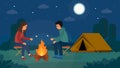 Happy smiling man and woman are sitting by a fire at night near the tent, roasting marshmallows and talking. Royalty Free Stock Photo