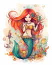 Happy smiling mermaid, long red hair, water color illustration, bright colors