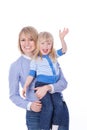 Happy smiling mom and child waving hello Royalty Free Stock Photo