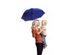 Happy smiling mother holding child son with blue umbrella having fun together isolated on white background Royalty Free Stock Photo