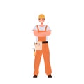 Happy smiling multi-armed young man builder cartoon character wearing overalls with tools on belt