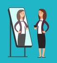 Happy smiling narcissistic confident businesswoman looking at reflection in mirror. Self love vector concept Royalty Free Stock Photo