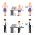 Happy smiling office man, woman vector. Sitting, writing, standing with tablet, side view casual worker people cartoon character Royalty Free Stock Photo