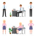 Happy, smiling office worker man and woman vector illustration. Standing, sitting at desk, typing boy and girl cartoon character Royalty Free Stock Photo