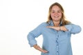 Happy smiling oversize woman makes virtual air frame gesture smile on white background Royalty Free Stock Photo