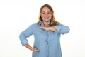 Happy smiling oversize woman makes virtual air frame gesture smile on white background Royalty Free Stock Photo