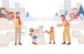 Happy smiling parents spending weekends with their children outdoor at winter city park vector flat illustration. Royalty Free Stock Photo