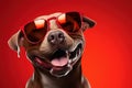 happy smiling pitbull dog in red sunglasses on a bright red background Royalty Free Stock Photo