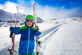 Happy smiling portrait of a boy with ski on slope Royalty Free Stock Photo